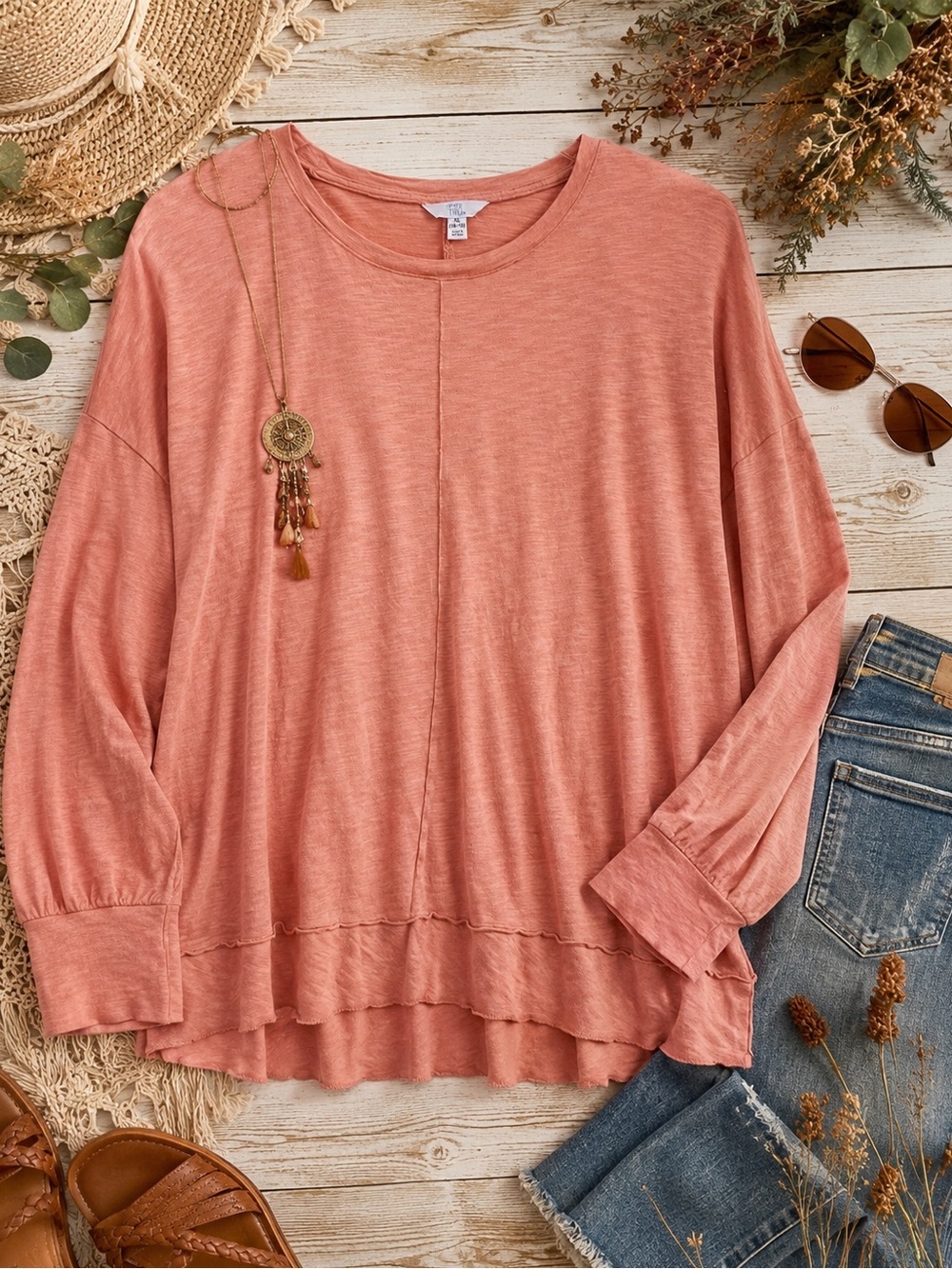 Time and Tru Peachy Rose Ruffle Hem Tunic | Soft Lightweight Long Sleeve | XL